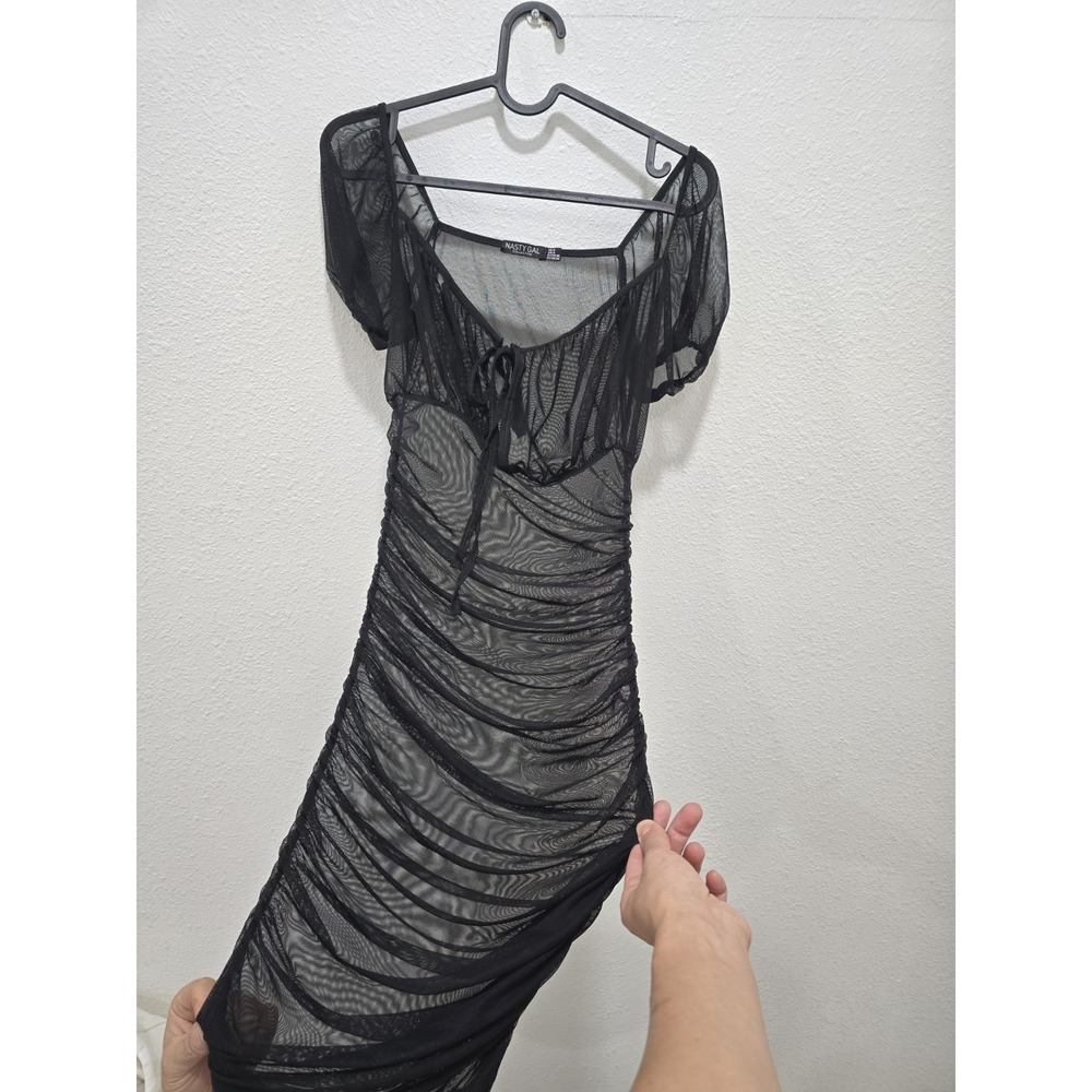 Nasty Gal Black Mesh Ruched Bodycon Mini/ Midi Dress‎ Square Neck Puff Sleeve UK